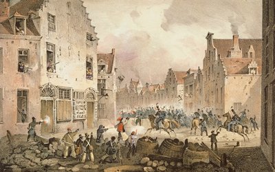 Kämpfe und Barrikaden in der Rue de Flandre, Brüssel, 23. September 1830, graviert von Dewasme-Pletinckx von Paulus Lauters